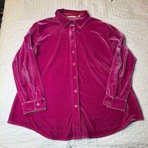 Soft Surroundings Size Large Petite Bright Pink Velour Button Down Shirt
